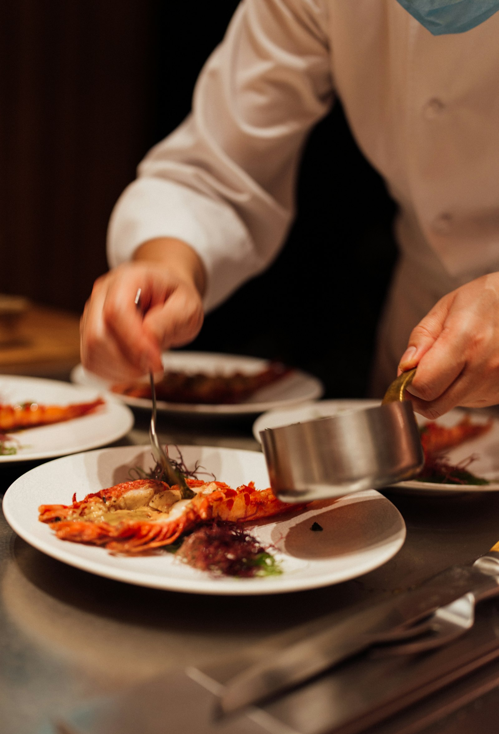 Chef saucing a plated dish